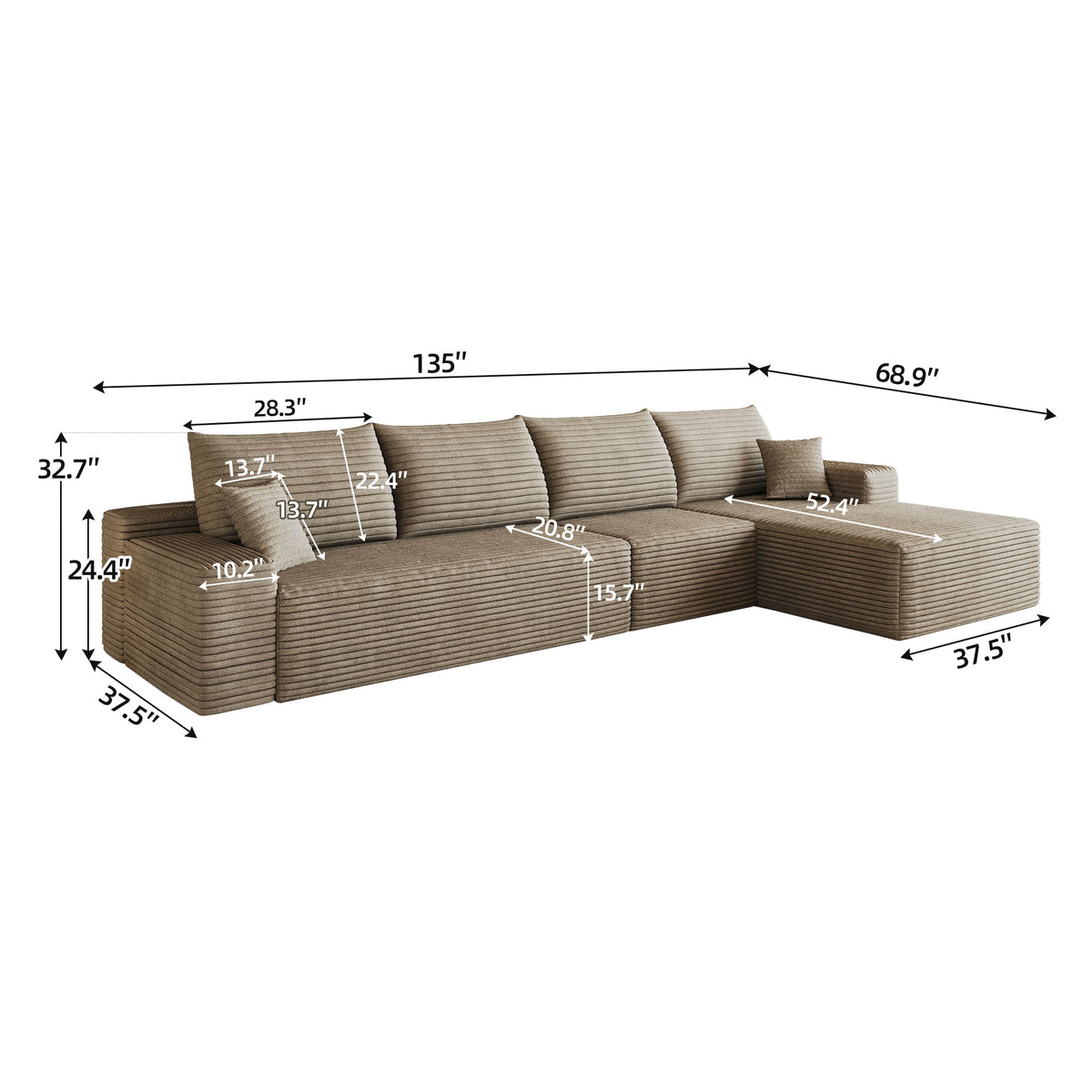 134" Cloud Sectional Couch with L-Shaped Chaise - Camel Corduroy