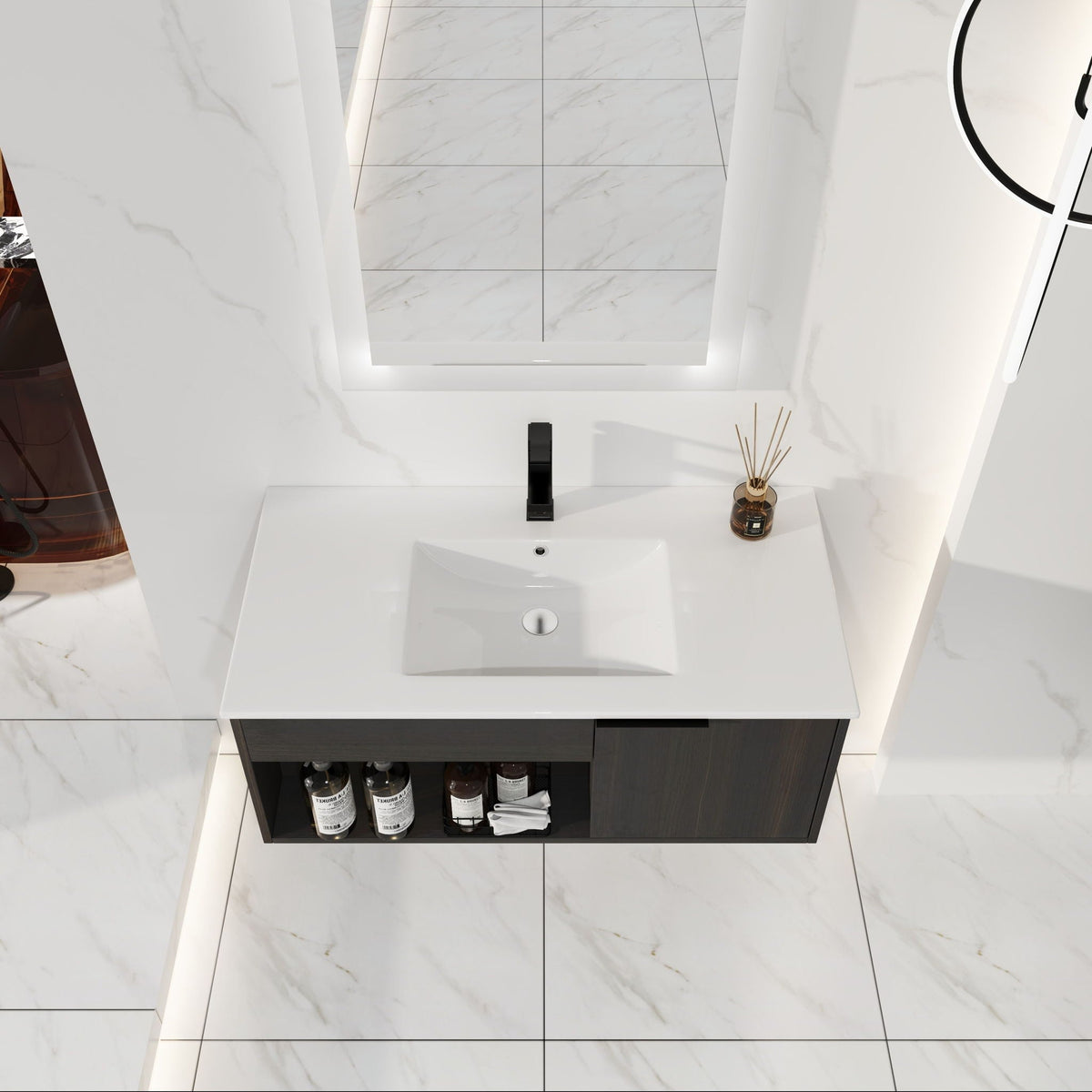 Wall Mounted Floating Bathroom Vanity with Open Shelf & Soft Close Door - Dark Brown