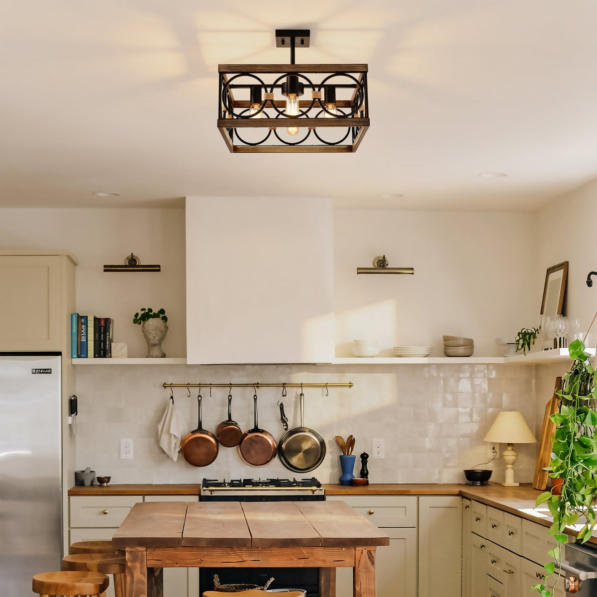 4-Light Square Kitchen Island Light with Farmhouse Metal Frame - Black