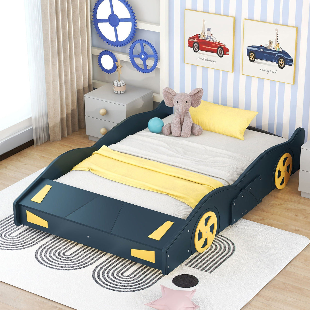 Race Car Platform Bed with Storage and Wheels - Black or Blue