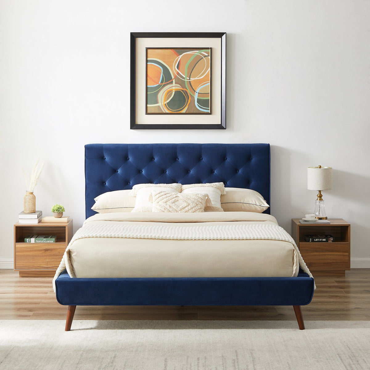 Mid-Century Platform Bed with Tufted Headboard - Blue