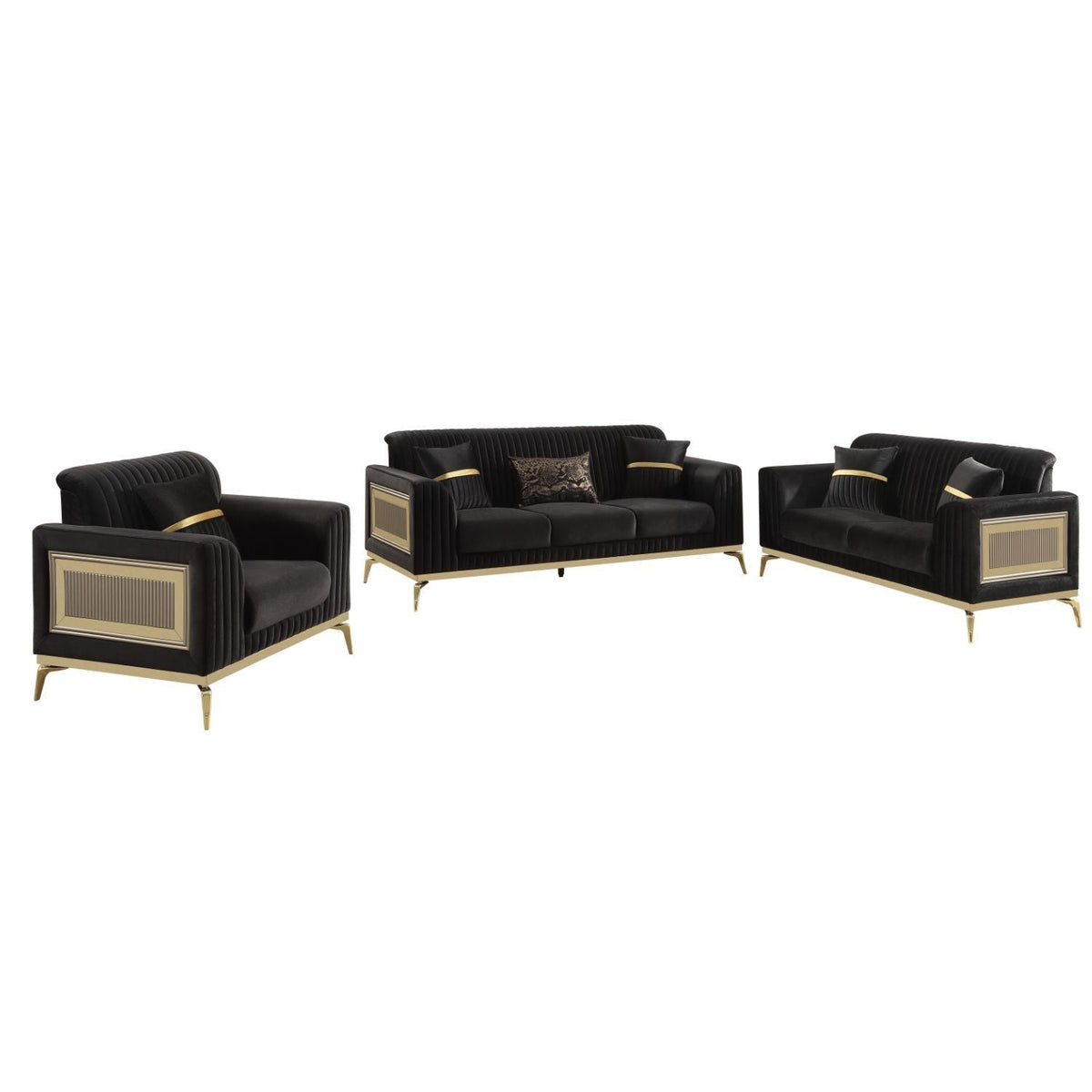 Antigua 2 Piece Living Room Set with Plush Cushions and Metal Accents - Black or Light Brown
