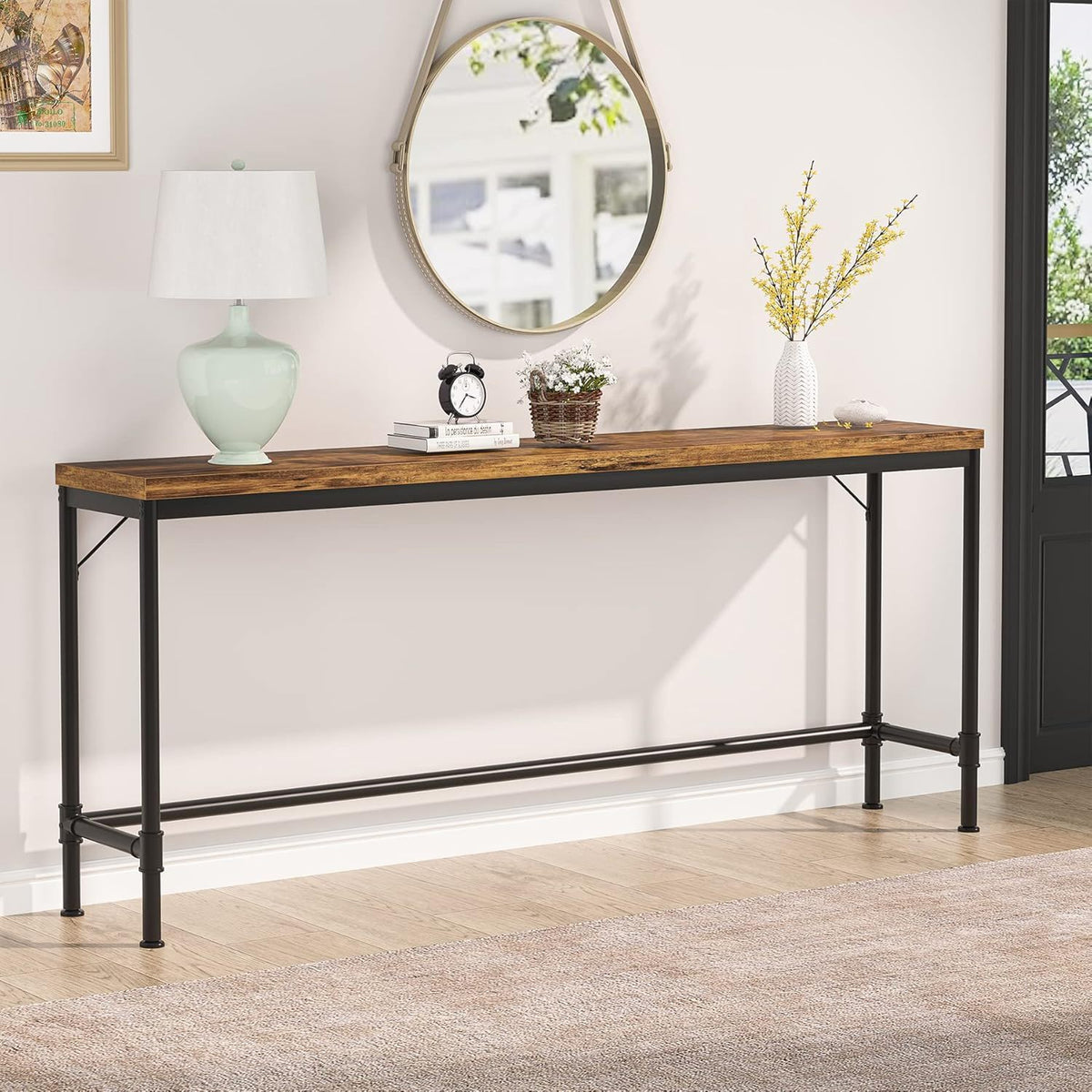 Extra Long Console Table with Industrial Bar-Height - Brown / Black