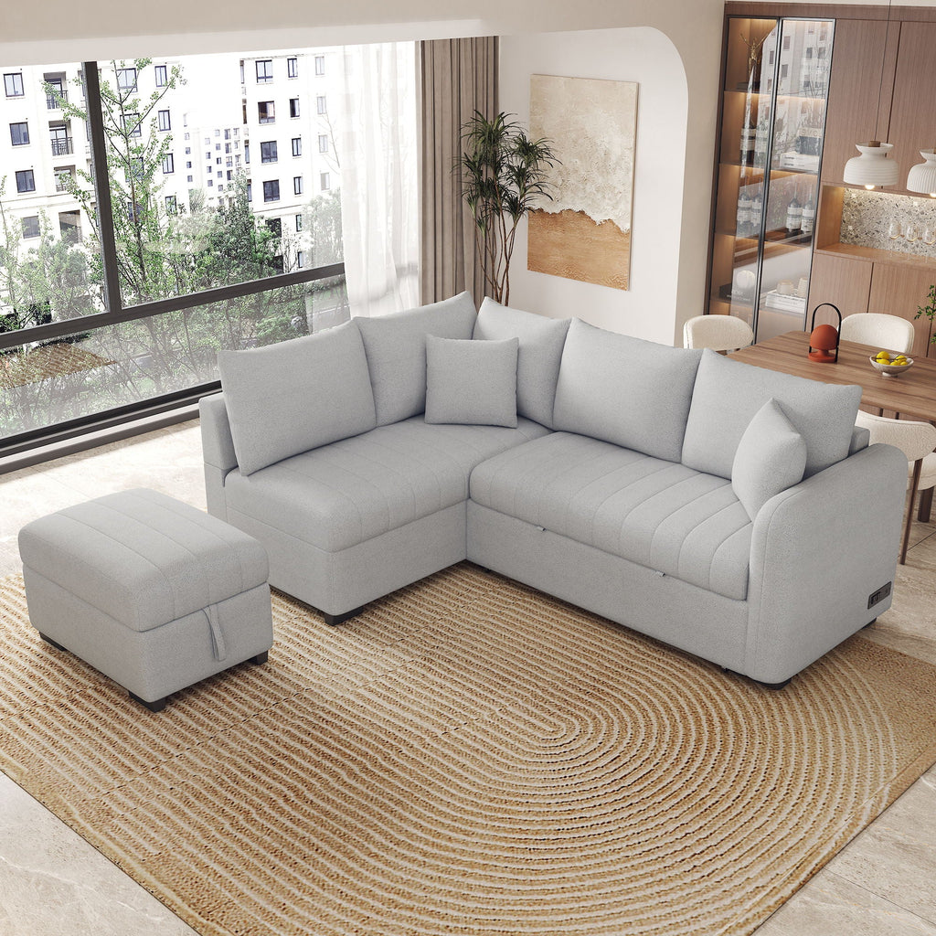 L-Shaped Sleeper Sectional with Pull-Out Bed and Storage Ottoman - Gray or Beige