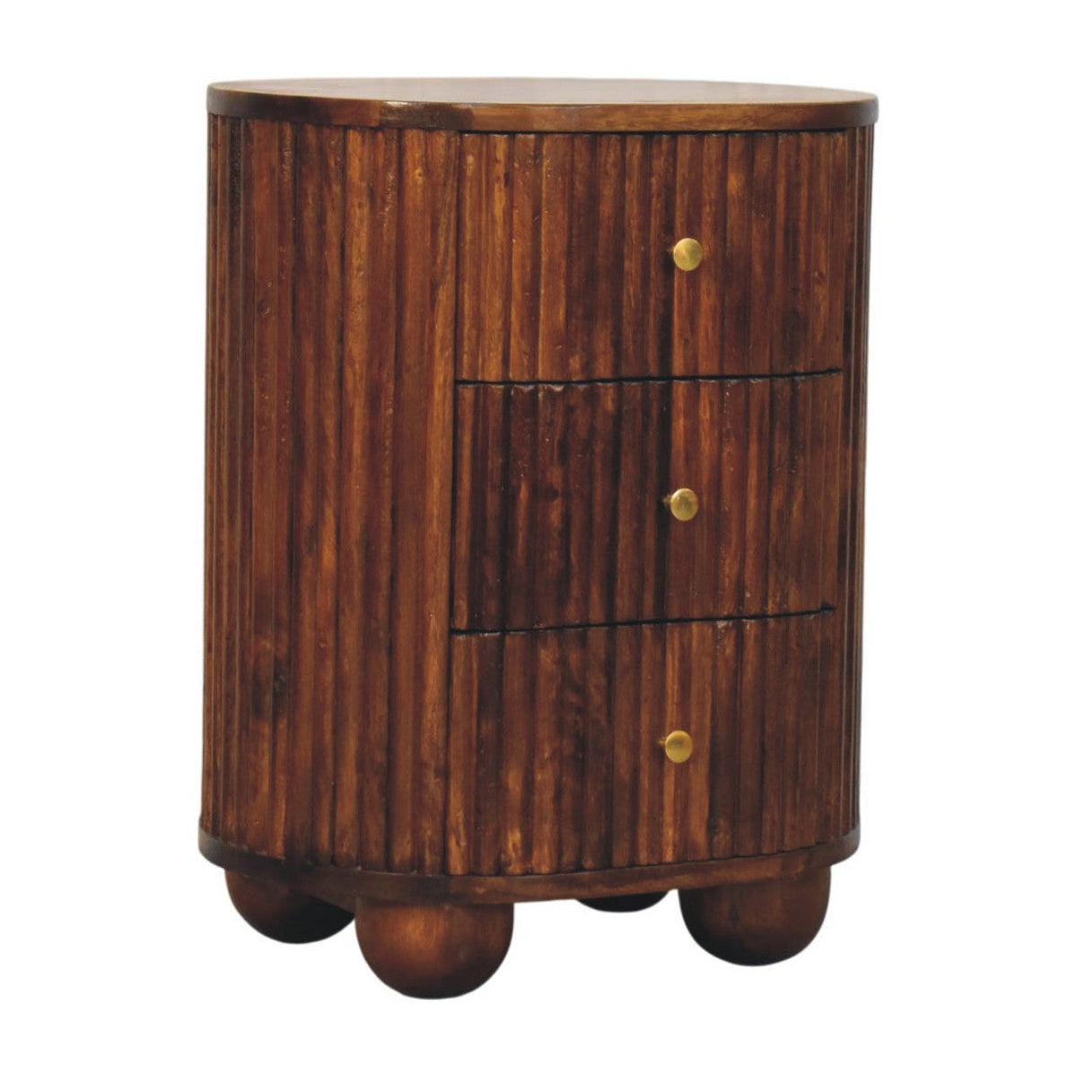 Solid Wood Curved Fluted Nightstand with Three Drawers - Chestnut