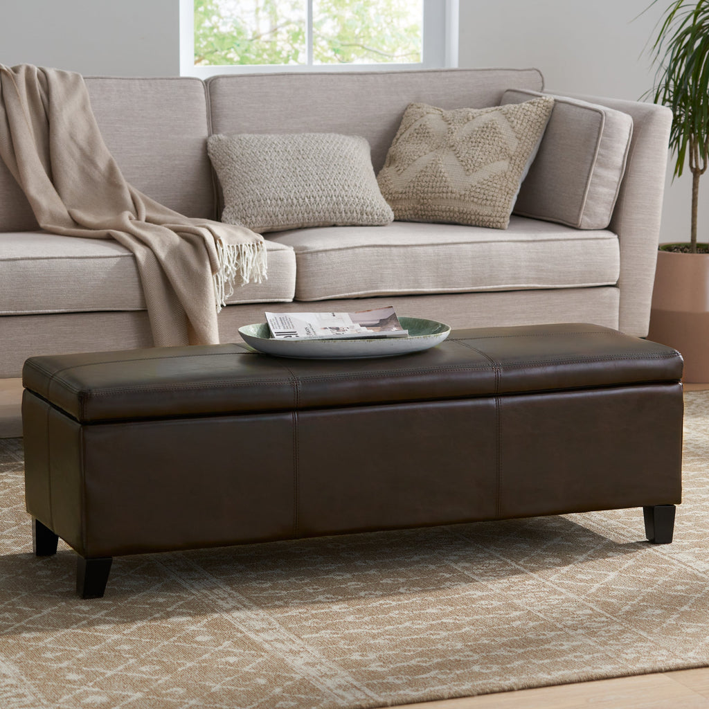 Upholstered PU Leather Storage Ottoman with Solid Wooden Legs - Faux Leather