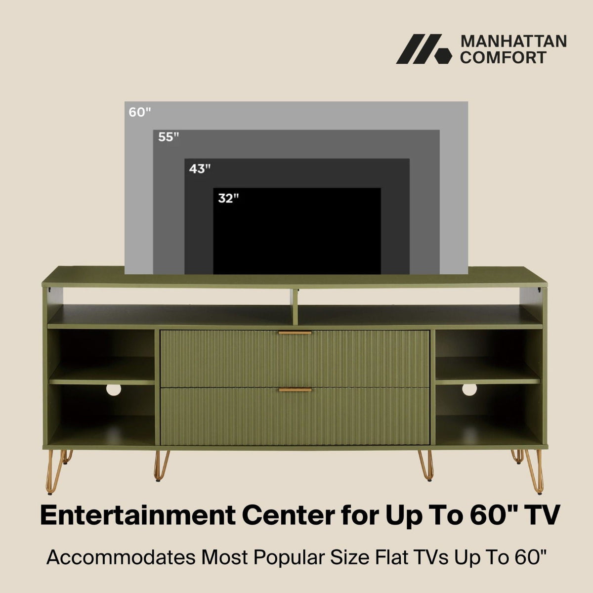 Fluted TV Stand with Storage and Metal Legs - Multiple Colors