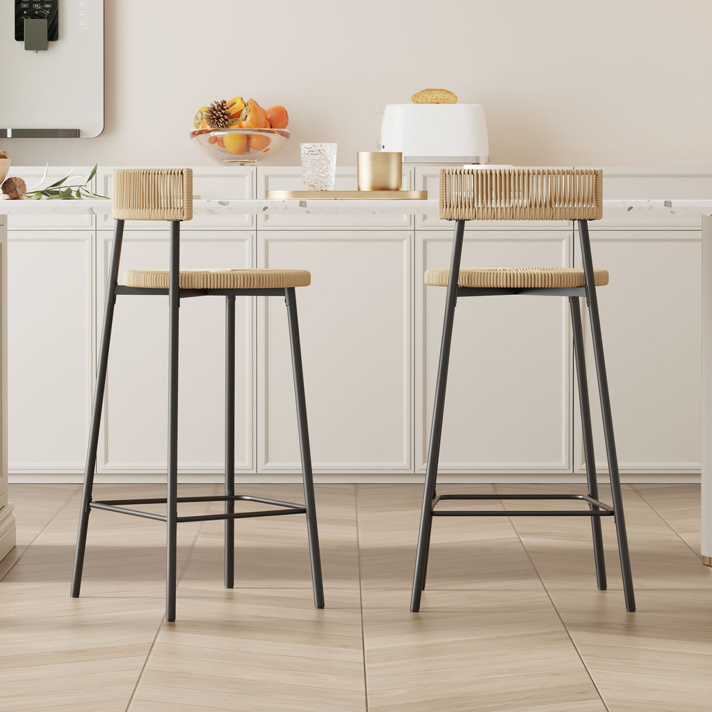 Boho Style Handwoven Paper Rope Counter Stools with Rubber Wood Frame - Light Brown or Beige
