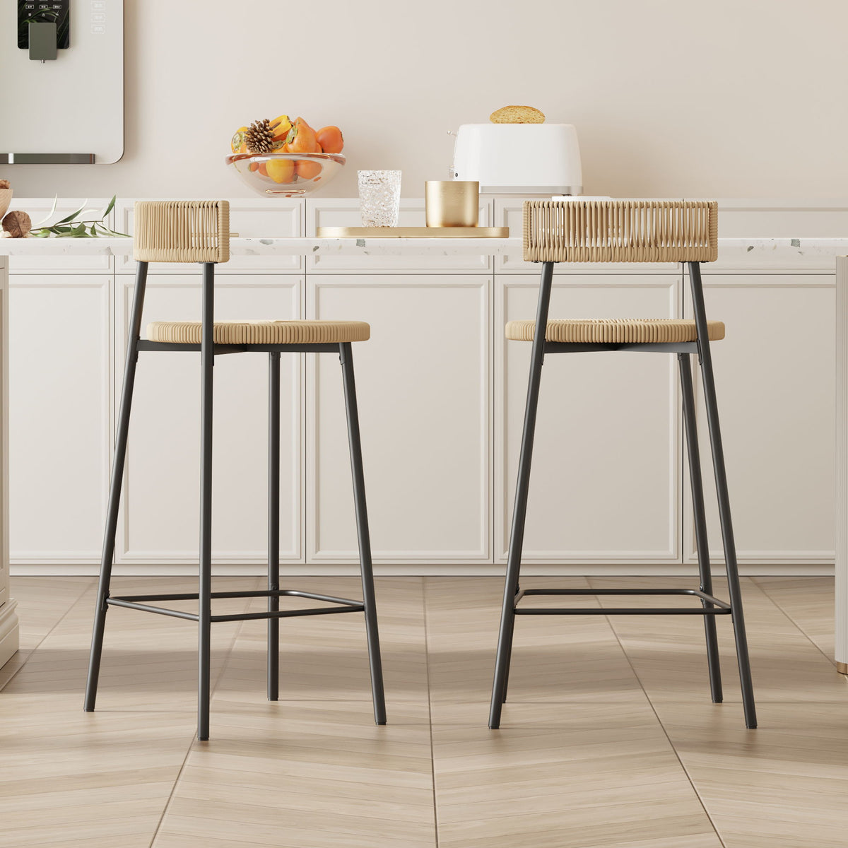 Boho Style Handwoven Paper Rope Counter Stools with Rubber Wood Frame - Light Brown or Beige
