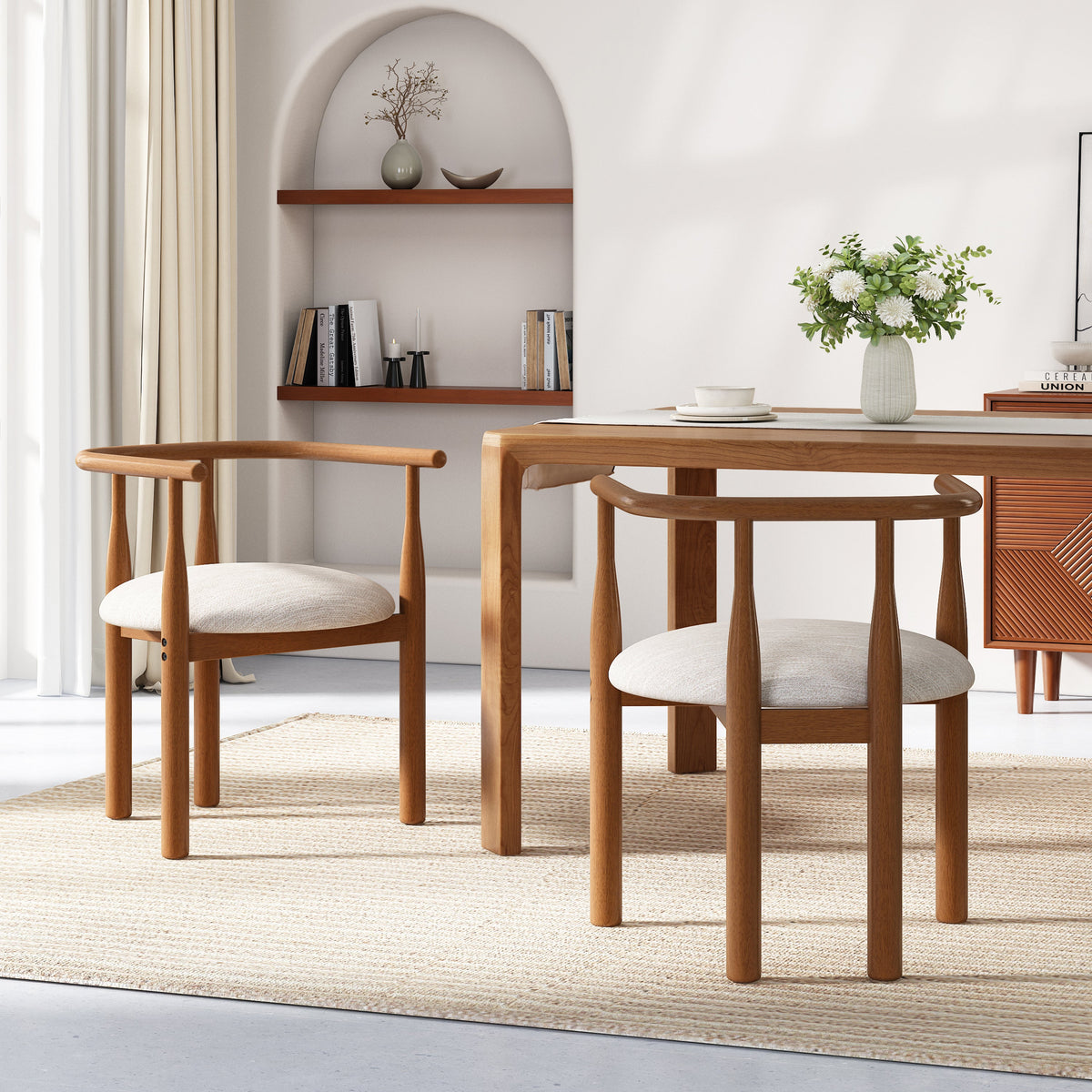 Modern Dining Chair Set of 2 with Solid Wood Legs - Beige