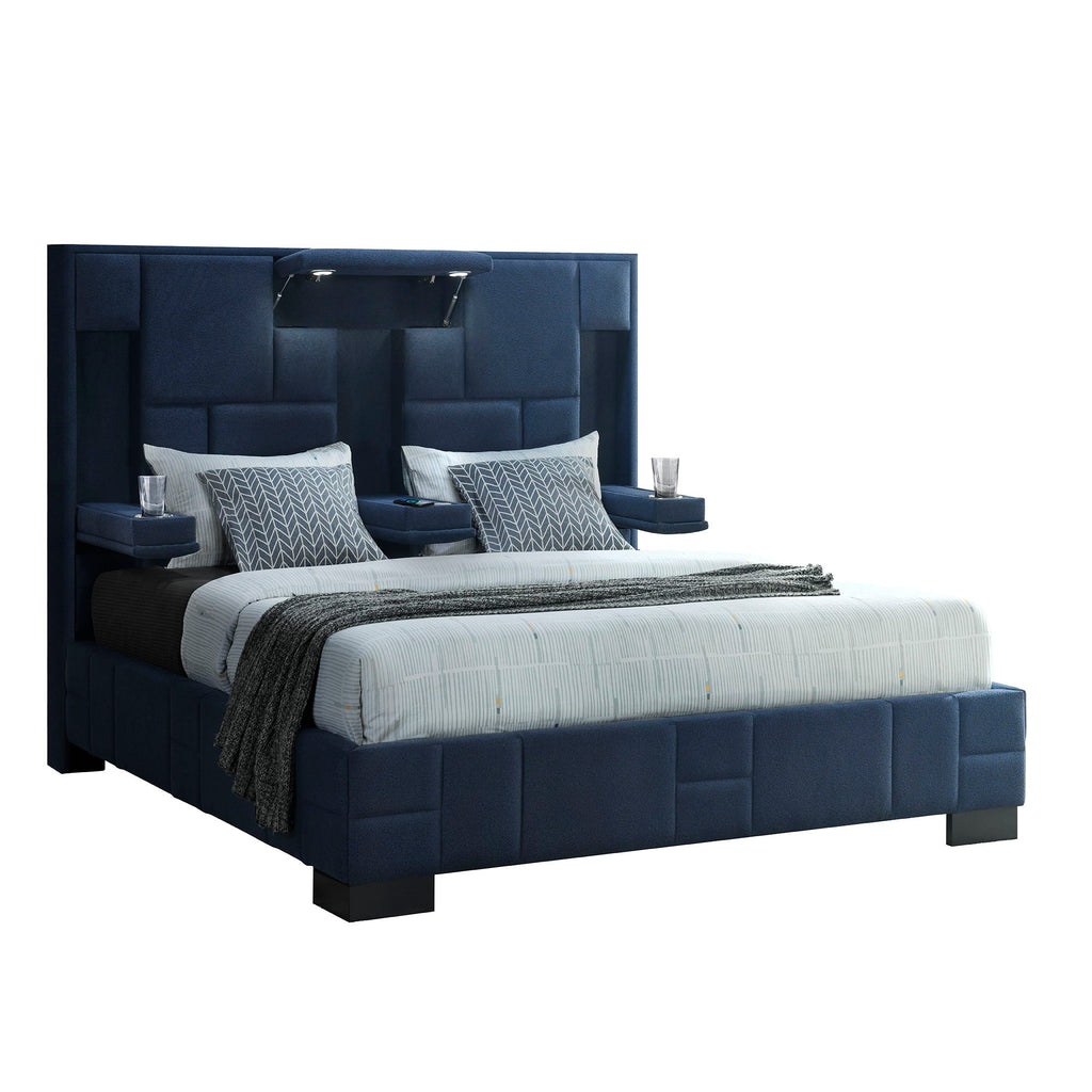Yaris Upholstered Bed with Wireless Charging and LED Lights - Gray or Blue