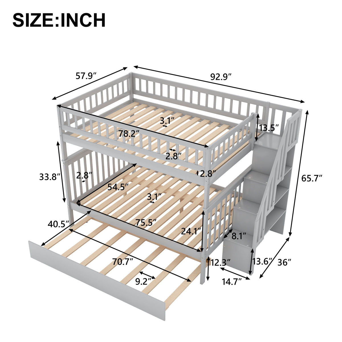 Bunk Bed with Staircase and Storage Options - Dark Gray or White