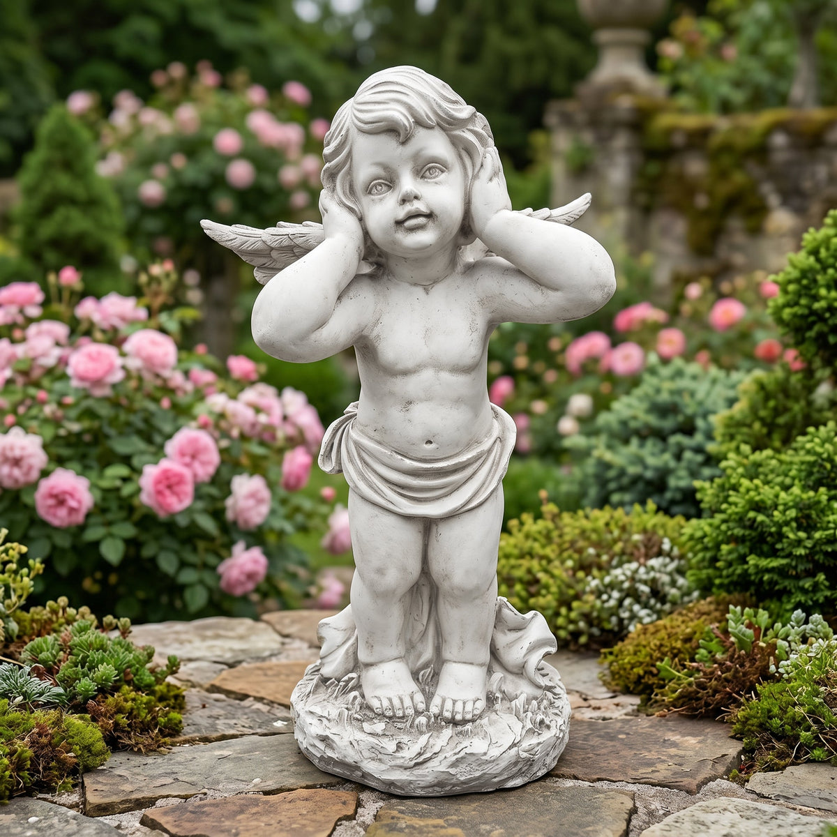 Winged Angel Resin Sculpture with Covering Ears - White