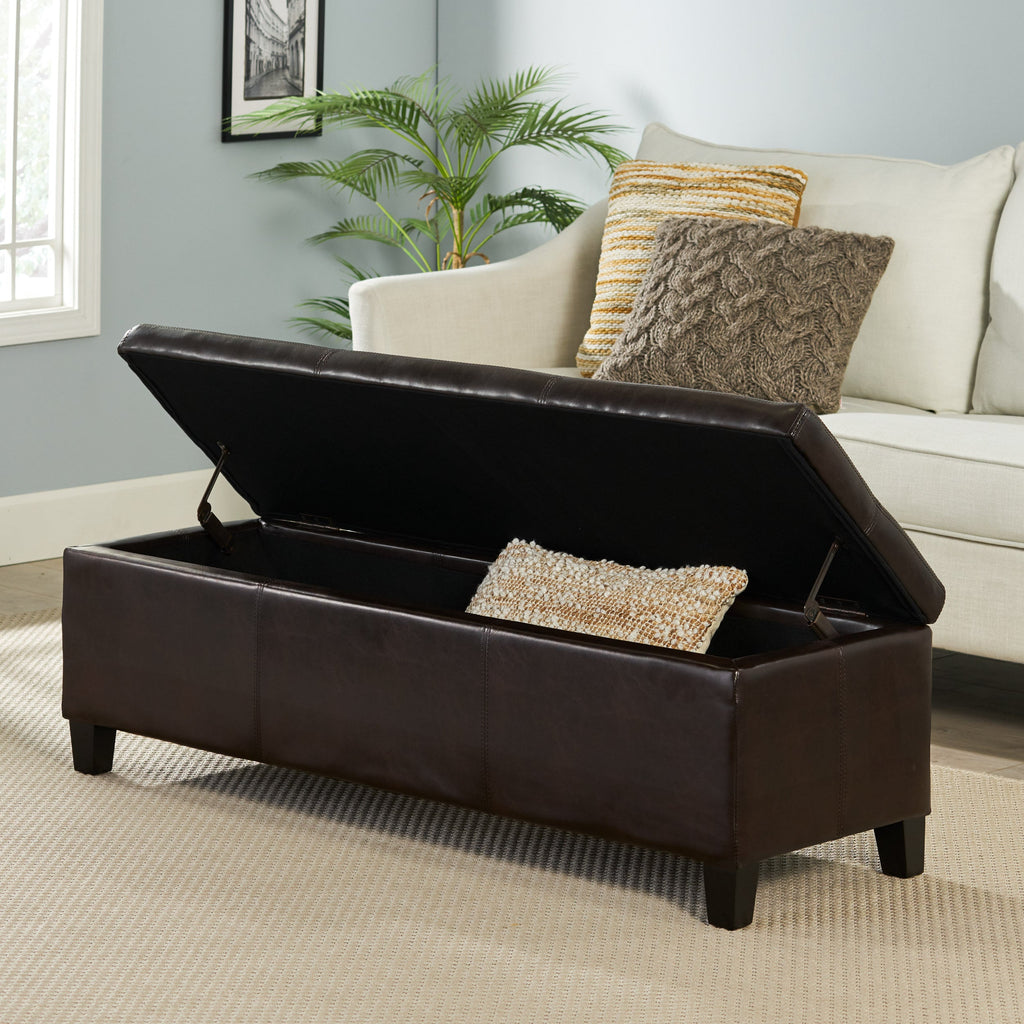 Upholstered PU Leather Storage Ottoman with Solid Wooden Legs - Faux Leather