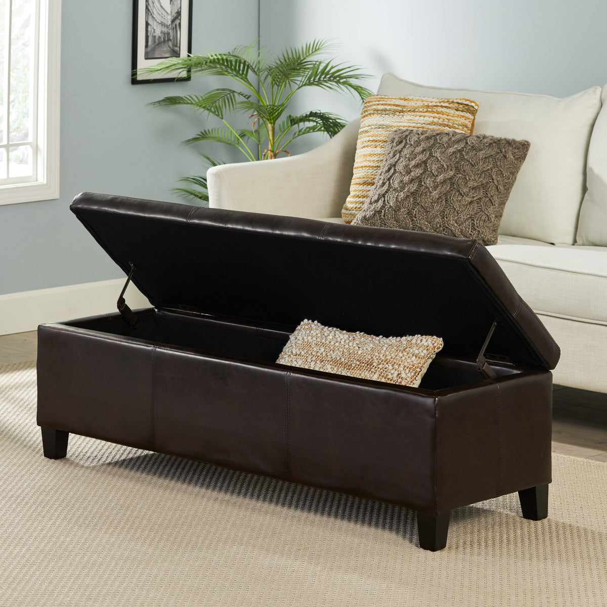 Upholstered PU Leather Storage Ottoman with Solid Wooden Legs - Faux Leather