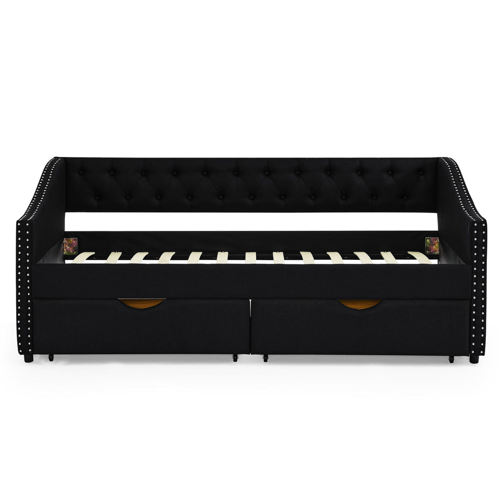 Upholstered Tufted Daybed with 2 Drawers and Waved Arms - Multiple Colors