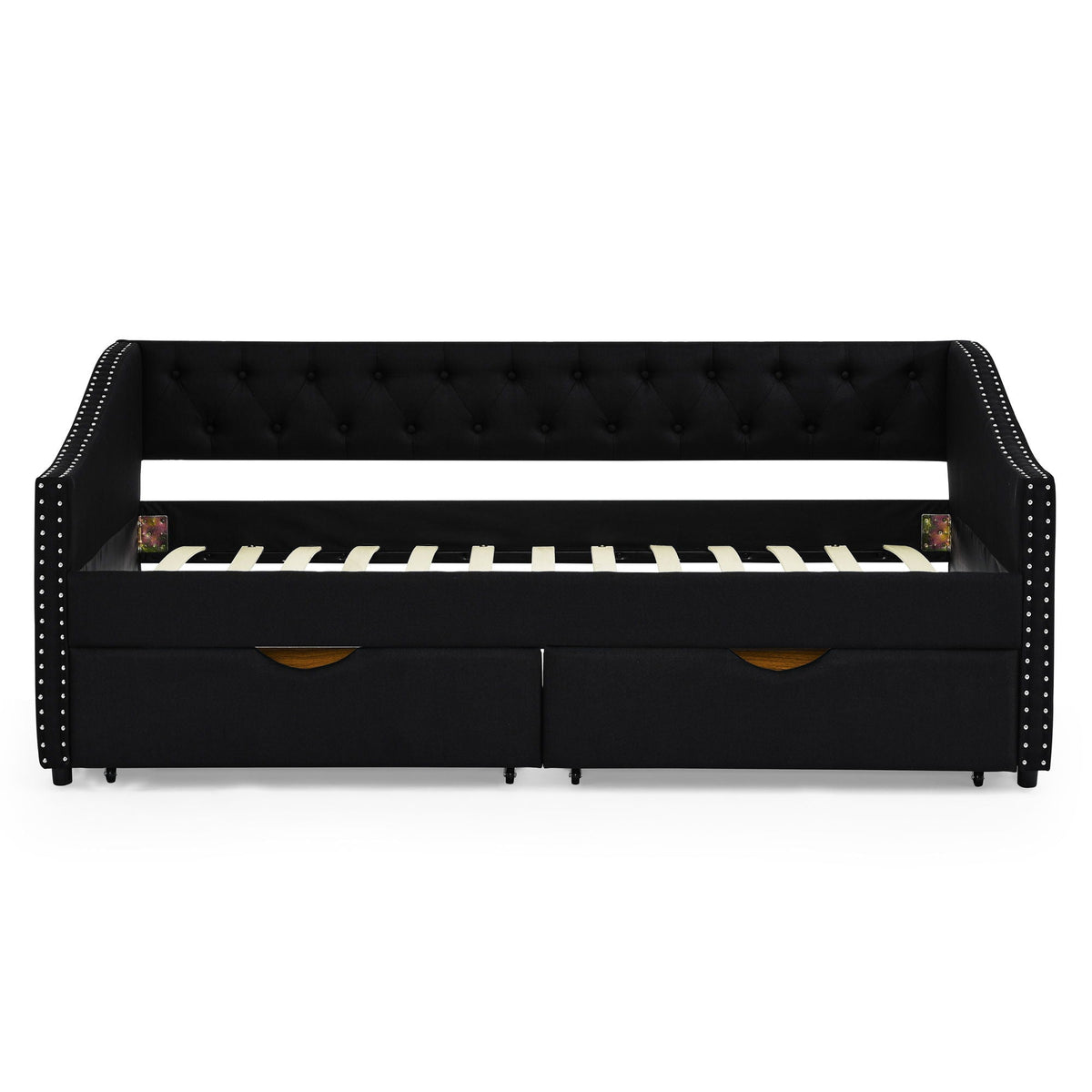 Upholstered Tufted Daybed with 2 Drawers and Waved Arms - Multiple Colors