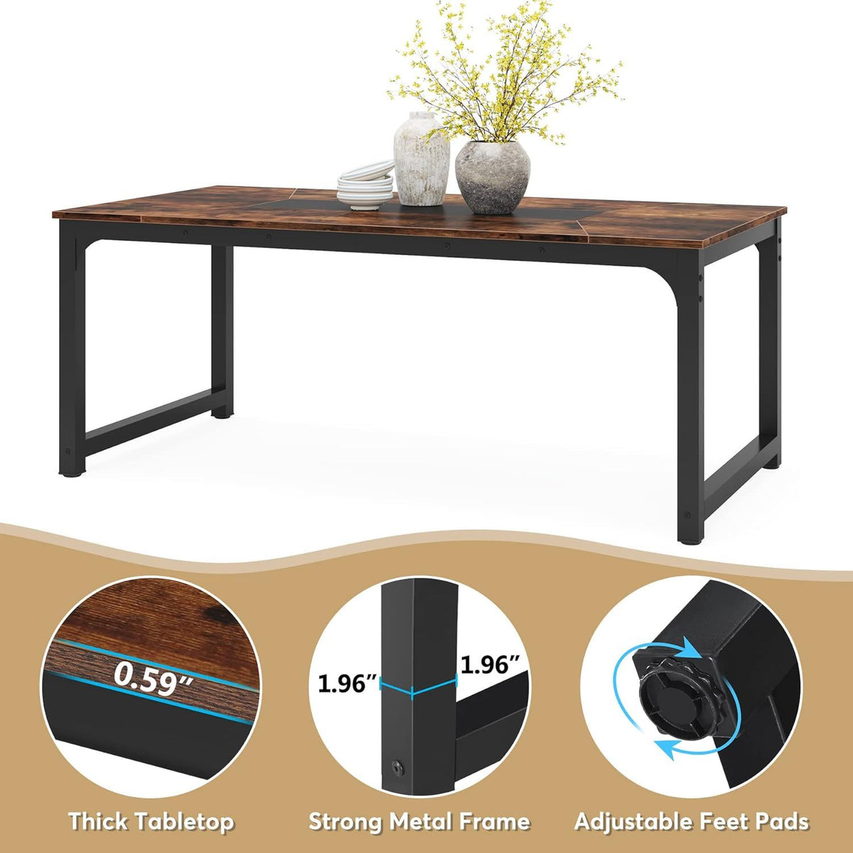 Rectangular Kitchen & Dining Room Table with Heavy-Duty Steel Frame - Brown / Black