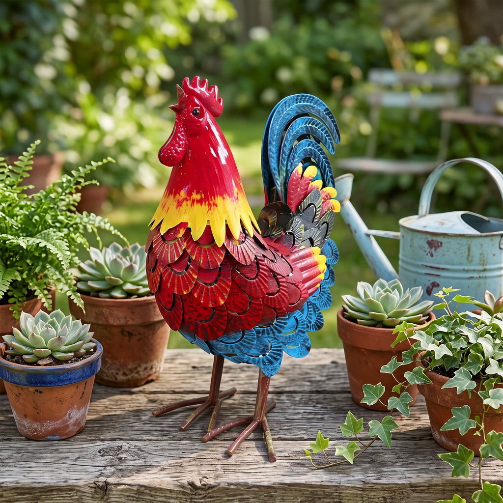 Wrought-Iron Rooster Garden Statue with Hand-Welded Detailing - Rustic