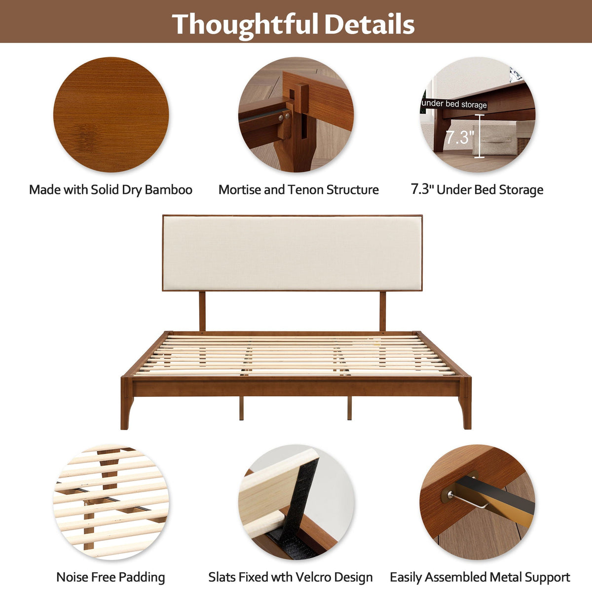 King Size Solid Dry Bamboo Platform Bed with Adjustable Headboard - Brown