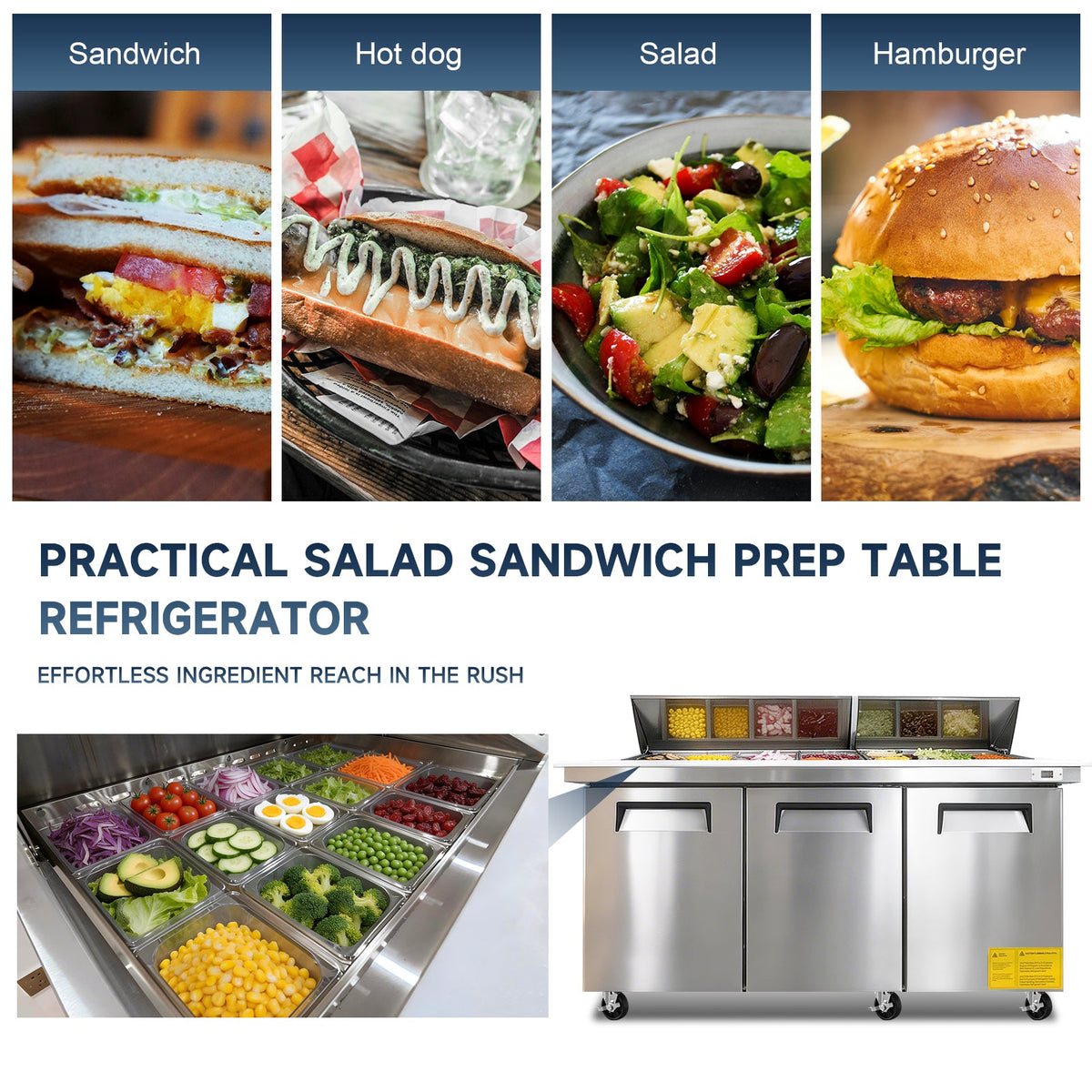 72" Sandwich & Salad Prep Table Refrigerator with Cutting Board - Stainless Steel