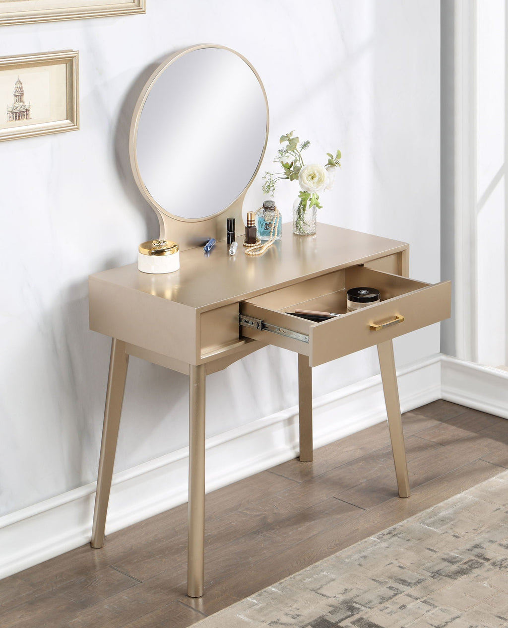 Contemporary Wood Vanity Set with Mirror and Stool - Gold