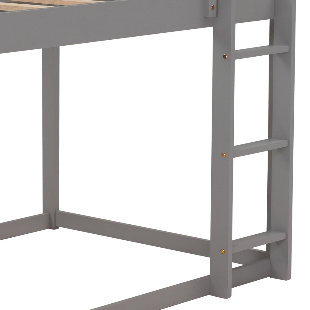 Low Bunk Bed With House Shaped Frame and Ladder - Twin Over Twin