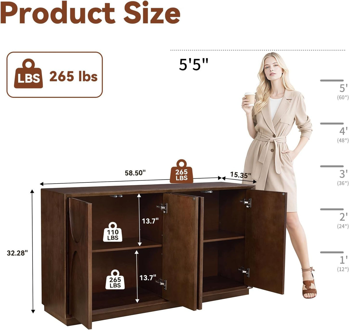4 Door Accent Cabinet with Solid Wood Carved Doors - Natural Walnut