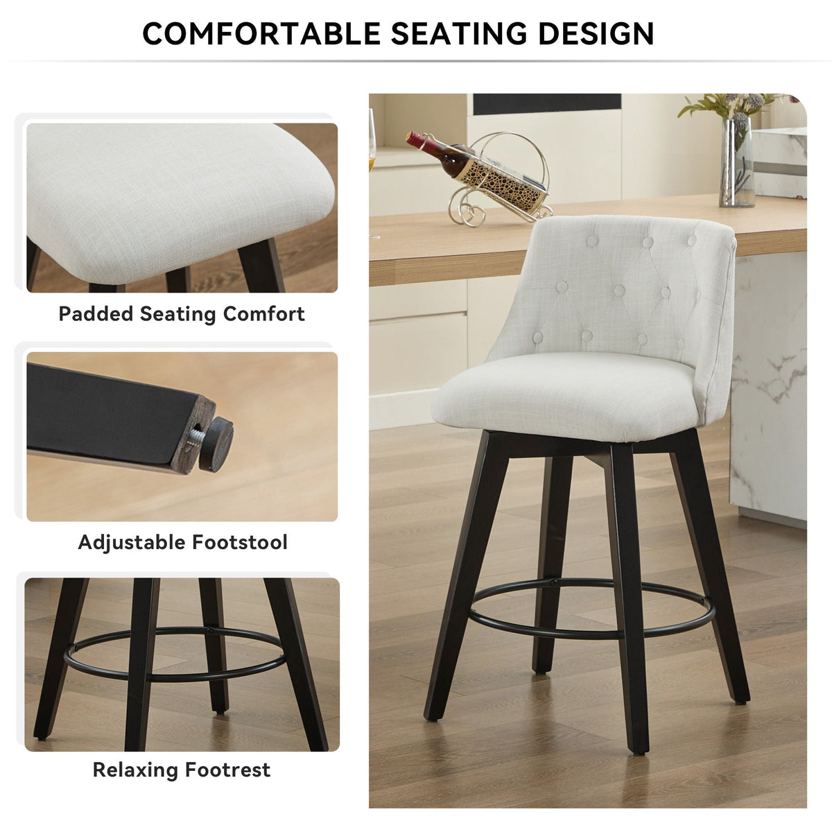 Swivel Bar Stools with Button Tufted Back - White