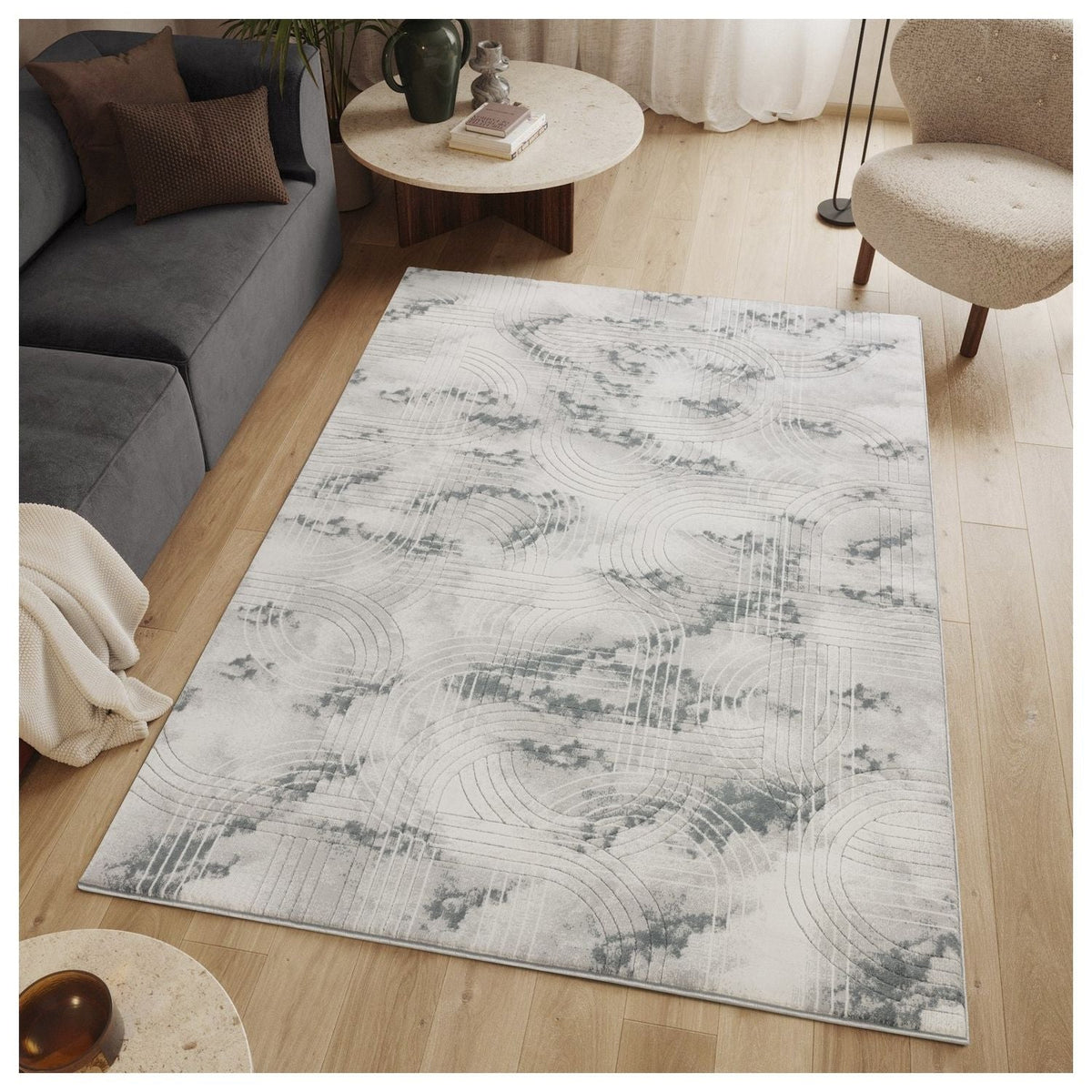 Geometric 3D Effect Area Rug with Ultra-Soft Polyester - Ivory / Gray