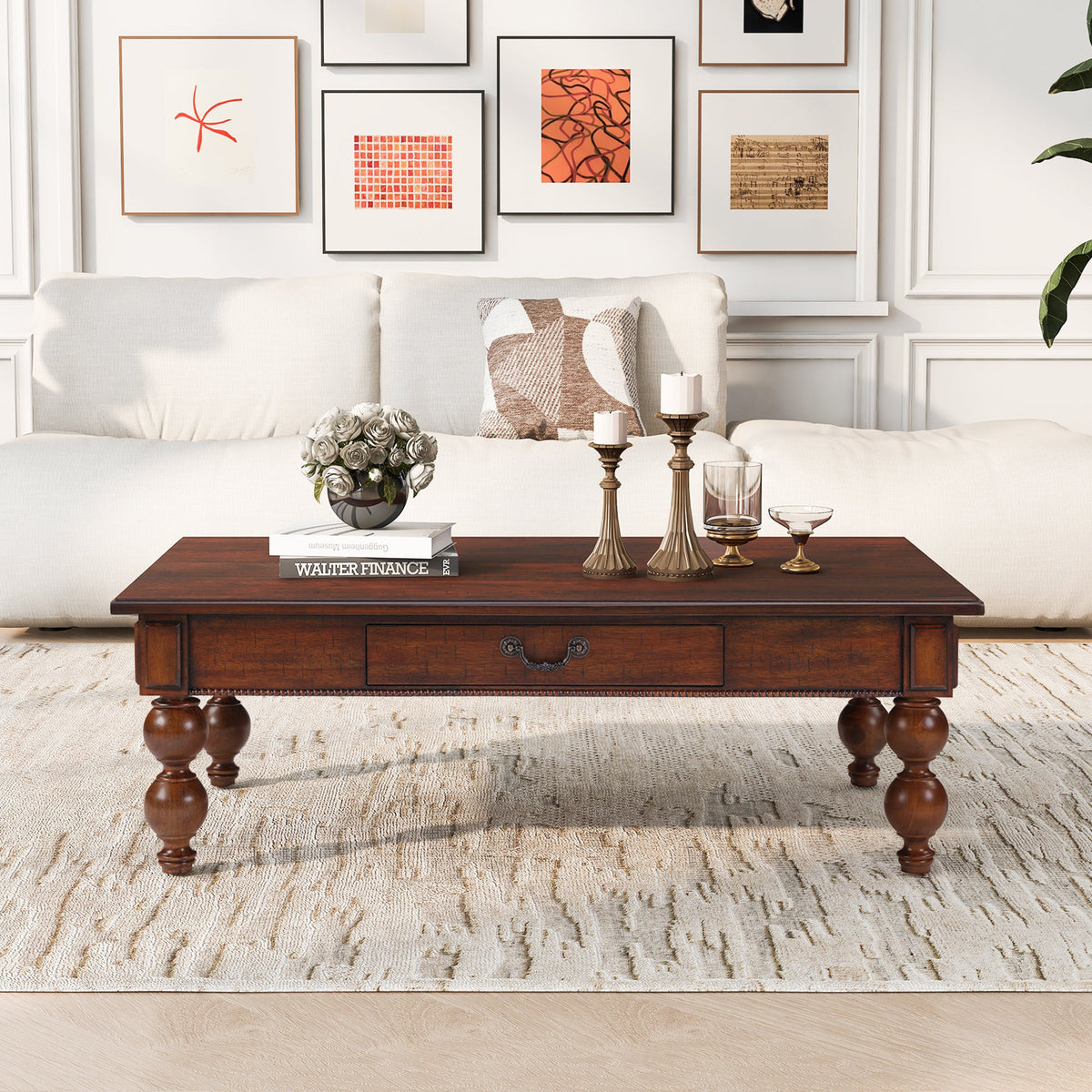 Rectangular Wooden Coffee Table with Storage Drawer - Walnut