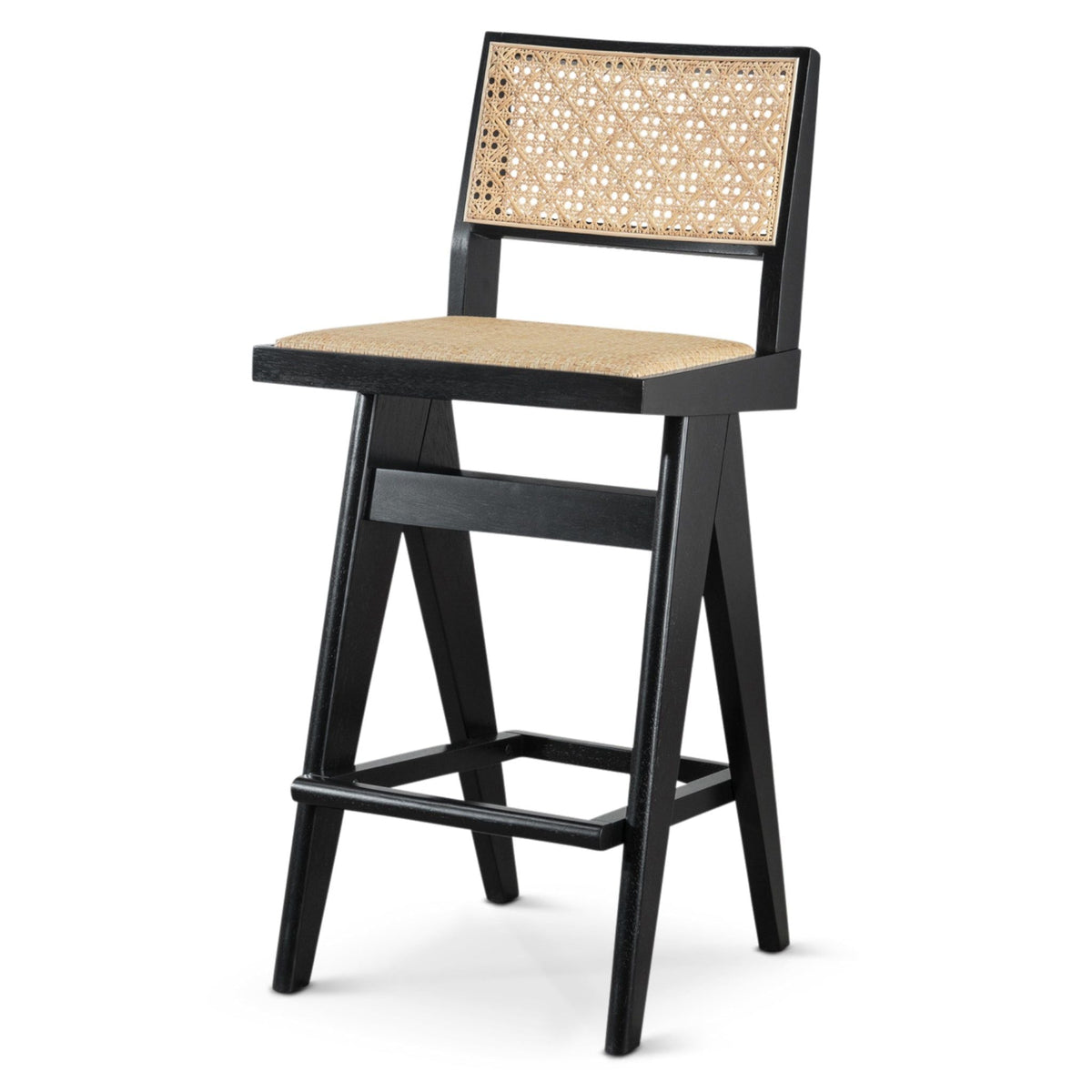 Black & Rattan Bar Stool Set with Full Back Support - Set of 2