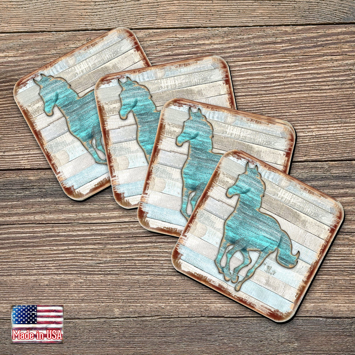 Horse Wooden Cork Coasters Gift Set of 4 by Nature Wonders - 8198157-9C