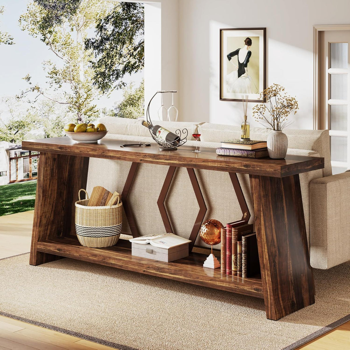 Accent Extra Long Console Table with Two-Tier Storage - Brown