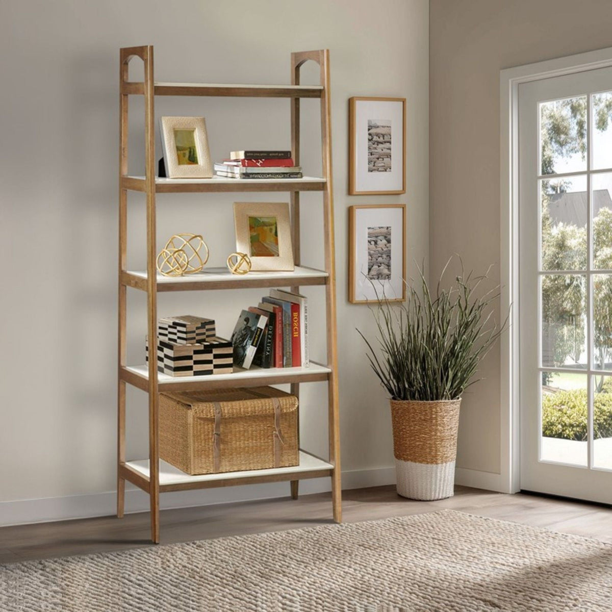 Off White & Natural Ladder Bookcase with 5 Shelves - Solid Wood Frame