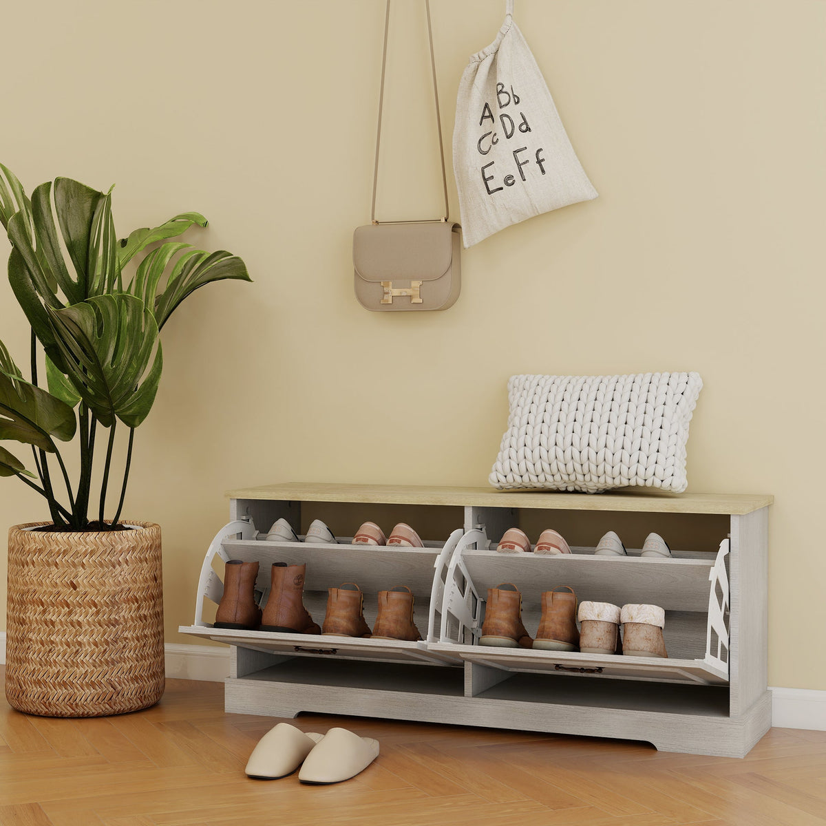 Shoe Storage Bench with Adjustable Shelf - Antique Finish