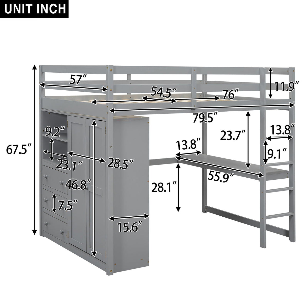 Full Size Loft Bed with Built-In Wardrobe, Shelves, and Drawers - White or Dark Gray