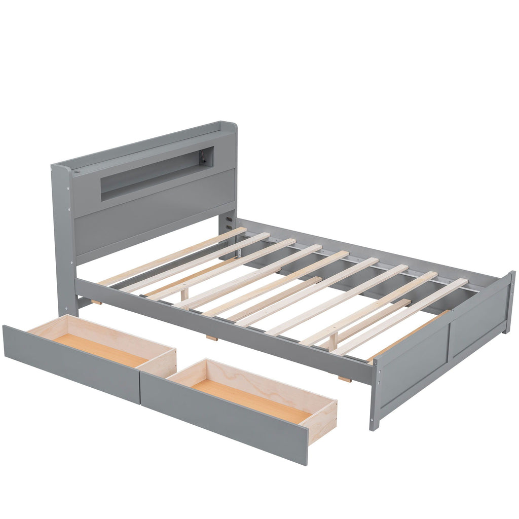 Storage Platform Bed with LED Lights, 2 Drawers and Trundle - Queen