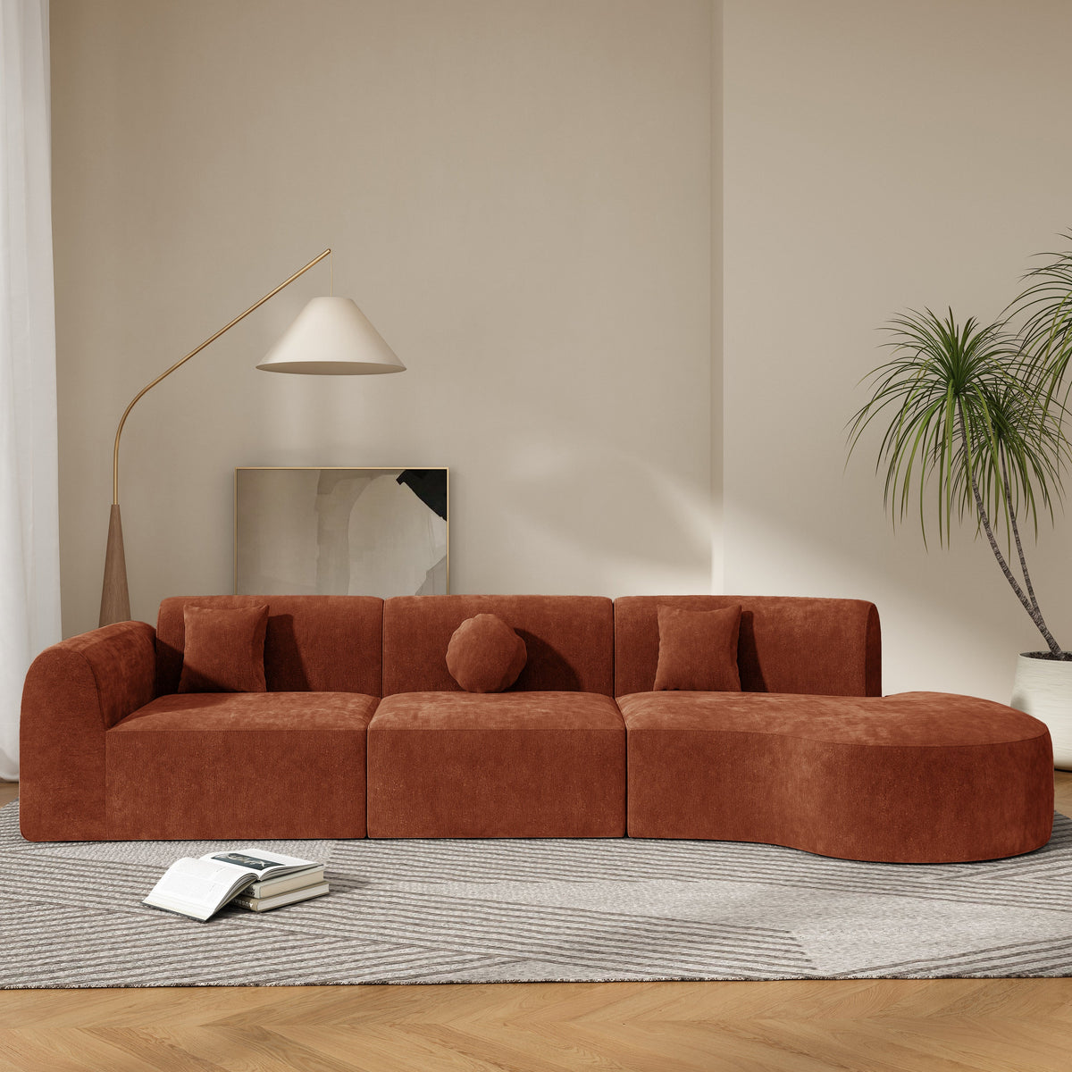 Modern Curved Sectional Sofa with Chaise Lounge - Orange or Beige