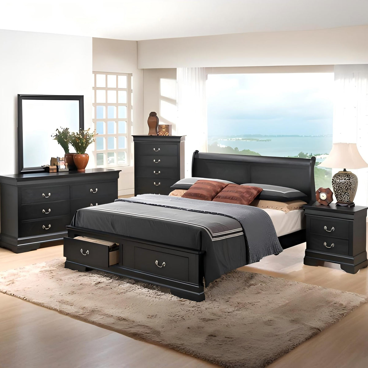 Upholstered Panel Sleigh Storage Bed with Dove Tail Drawers - Multiple Colors