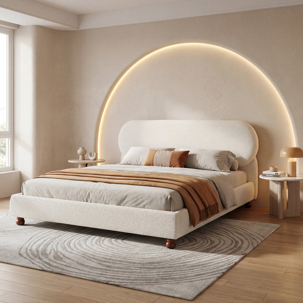 Cream Boucle Upholstered King Bed with Rubberwood Feet