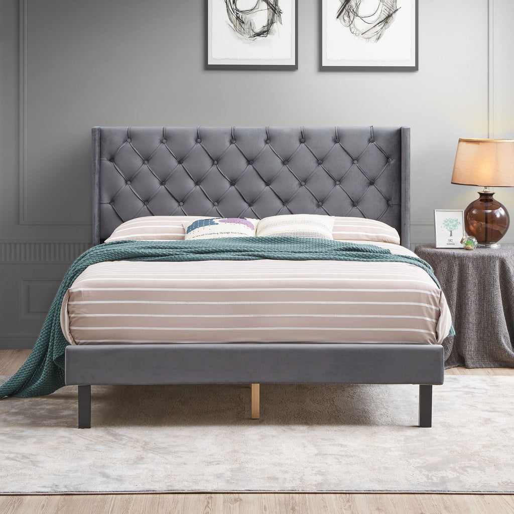 Gray Velvet Upholstered Queen Platform Bed with Wingback and Wood Slat Support