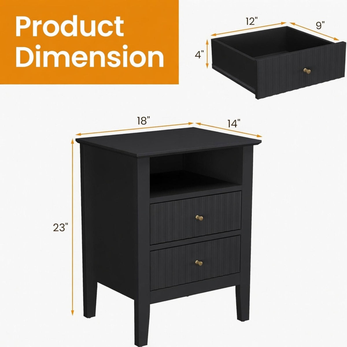 Fluted Nightstand with 2 Drawers and Soft-Close Slides - Multiple Colors