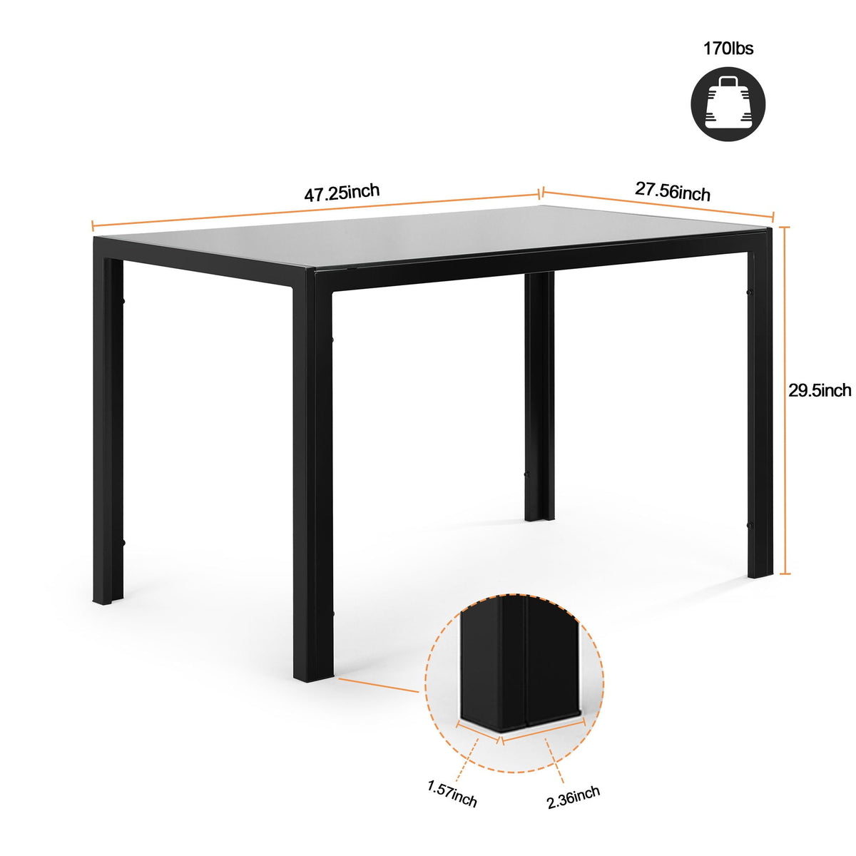 5 Piece Dining Table Set for 4 with Tempered Glass Table – Black