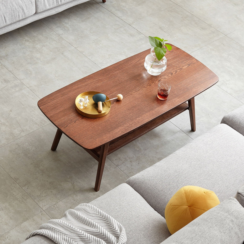 Low Coffee Table with Storage Shelf - Solid Oak - Light or Dark Brown