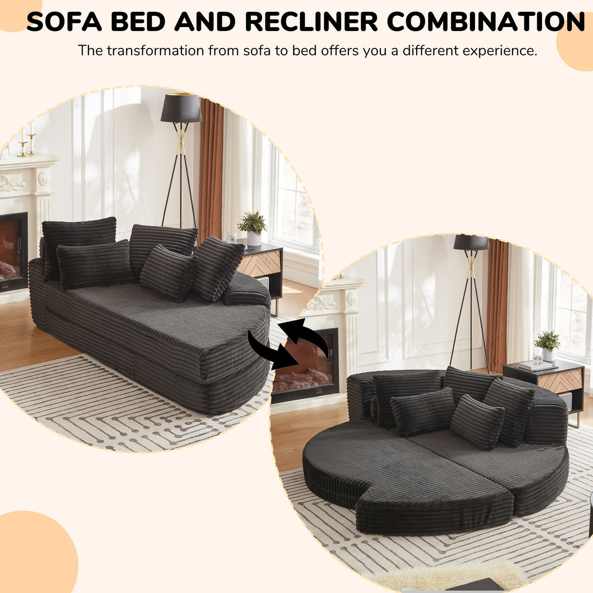 Semi Circular 2 In 1 Sofa Bed with Neck Pillow - Beige, Black, or Dark Green