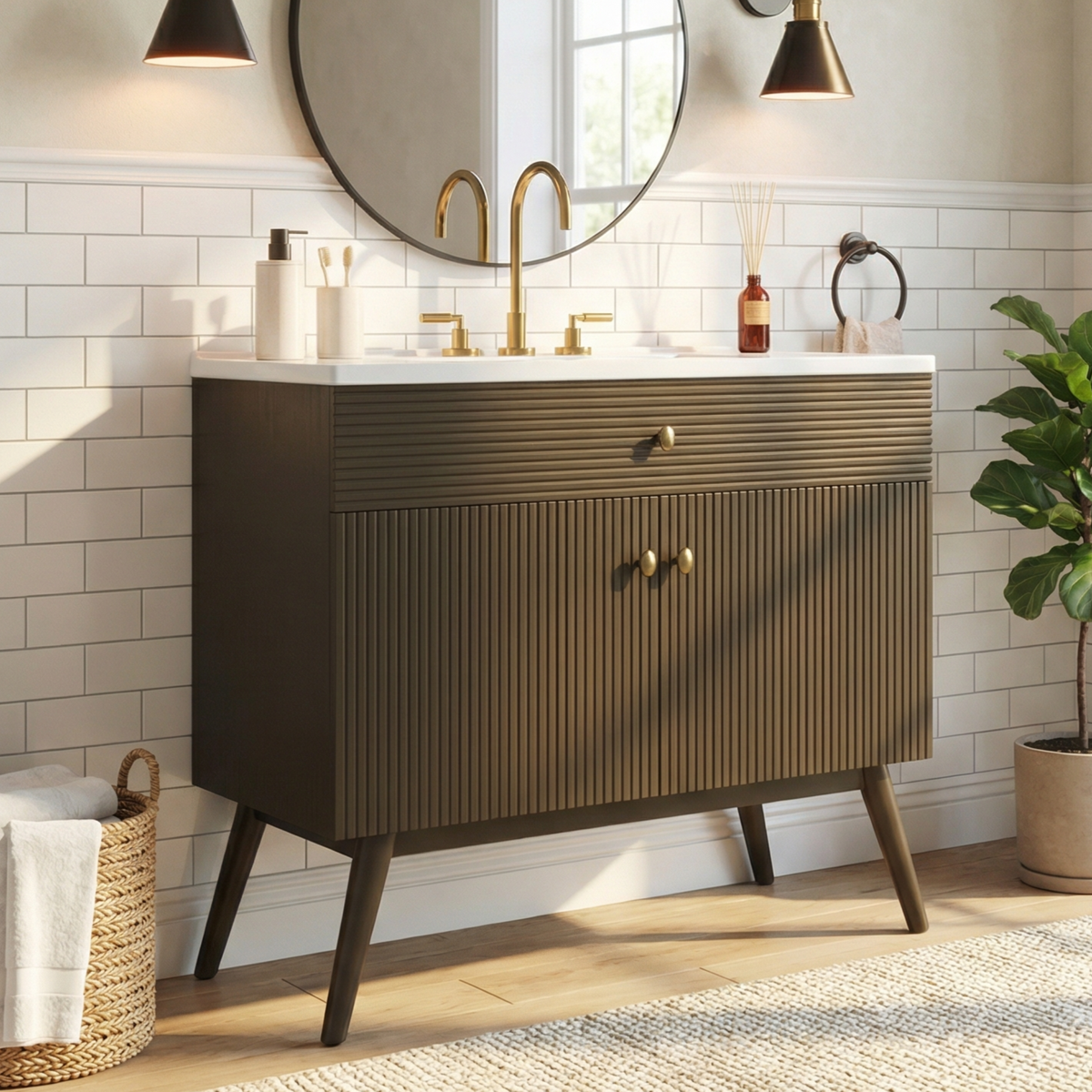 36" Luxury Striped Bathroom Vanity with Soft-Close Dual-Door Storage - Dark Brown
