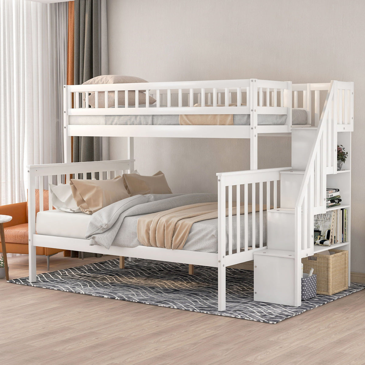 Bunk Bed with Staircase and Storage Options - Dark Gray or White