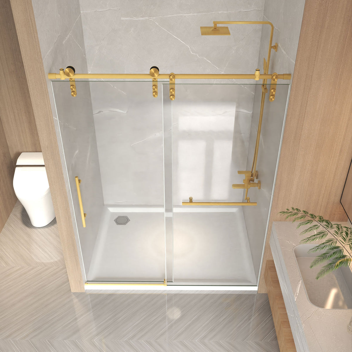 Frameless Sliding Shower Door with Clear Tempered Glass - Brushed Gold