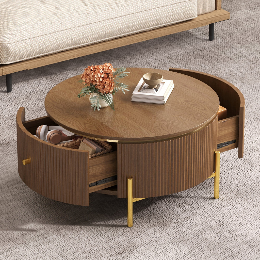 Modern Round Coffee Table with 2 Large Drawers Storage - MDF